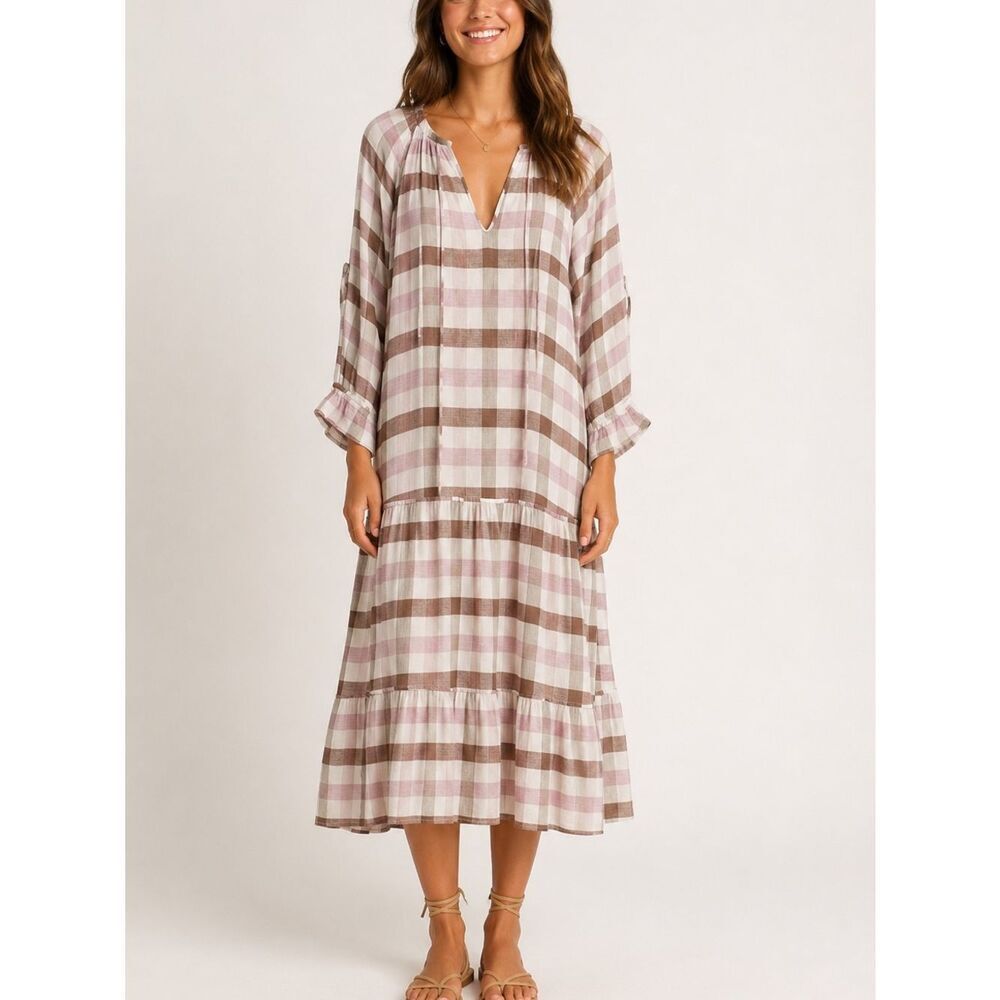 Mixed Boho Plaid V-Neck Long Sleeve Ruffle Cuffs Maxi Dress Size 6